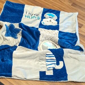 Carter's Blue and White Patchwork Baby Blanket with Elephant and Star